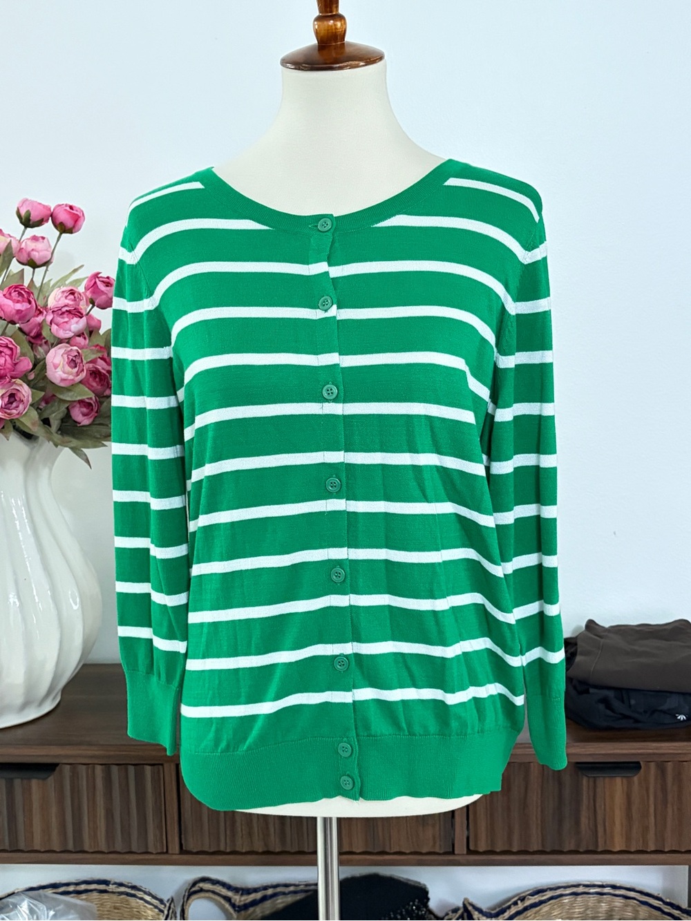 NEW WITH TAGS 1901 Green Jolly Briana Stripe Cardigan Pima Cotton